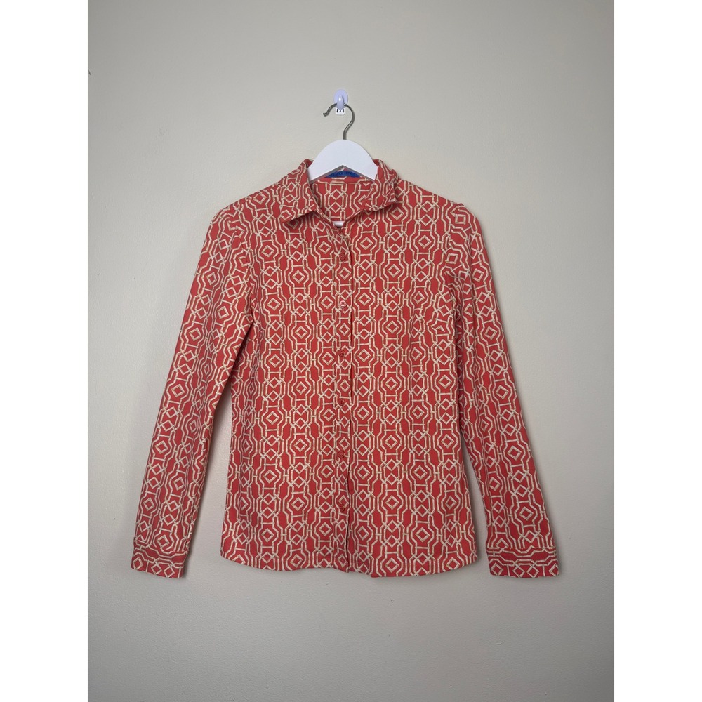 J.McLaughlin Women Coral Geometric Print Button Down Shirt Size S Preppy Coastal